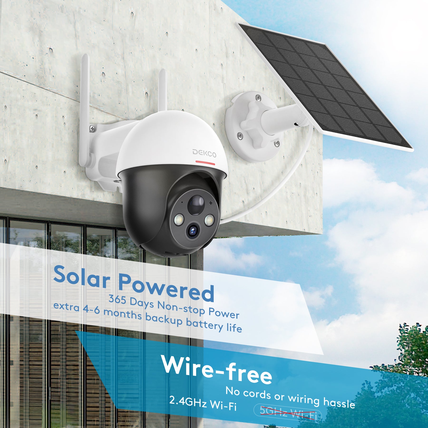DEKCO 2K Solar Security Camera Wireless Outdoor, 360 Degree Rotating Pan Tilt, Light and Sound Alarm, Night Vision, Motion Detection, and 2 Way Audio